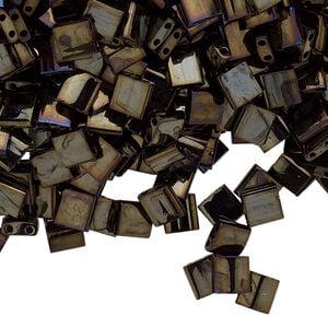 Seed bead, TILA&reg;, glass, pkg/10g, 5mm full tila square, opaque metallic rainbow dark olive, (TL-458).