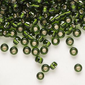 Seed bead, Miyuki, glass, pkg/25g, #6 rocaille, transparent silver-lined olive green (RR-26).
