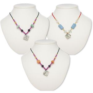 Peace "jade" / multi-gemstone / acrylic / glass 1pkg3, wavy diamond necklace 20-24 inch continuous loop mix 30x30mm-31x31mm
