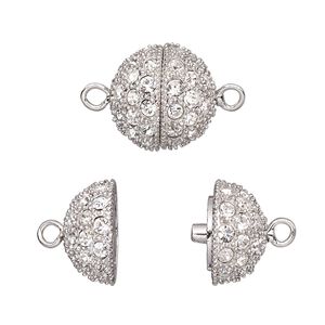 Clasp magnetic 1pkg1 rhodium-plated, 15mm textured round, brass / clear crystal 1-strand