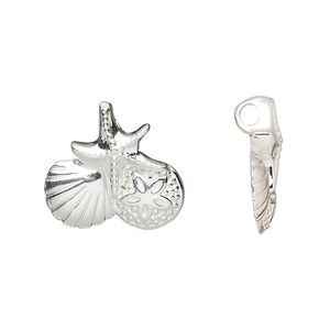 Pendant, sterling silver, 19x18.5mm single-sided with starfish / clam shell / sand dollar design. Sold individually.