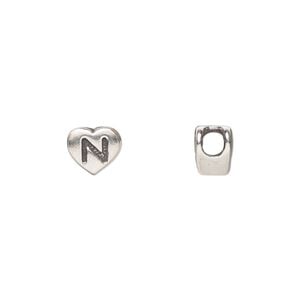 Bead 1pkg1 sterling silver, 7.5x7mm heart / letter N, antiqued Dione&reg;
