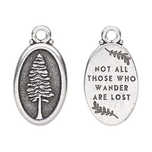 Charm, TierraCast&reg;, antique silver-plated pewter (tin-based alloy), 26x16mm 2-sided oval with redwood and "Not all those who wander are lost." Sold per pkg of 20.
