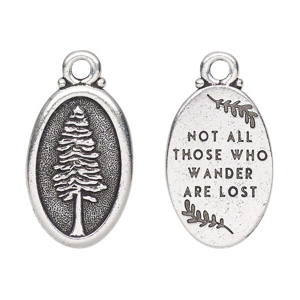 Charm, TierraCast&reg;, antique silver-plated pewter (tin-based alloy), 26x16mm 2-sided oval with redwood and "Not all those who wander are lost." Sold per pkg of 20. image number 0