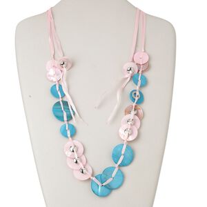 Necklace, freshwater pearl shell (dyed) / ribbon / silver-coated plastic, blue and pink, flat round, adjustable from 16-40 inches with macram&eacute; tie closure. Sold individually.
