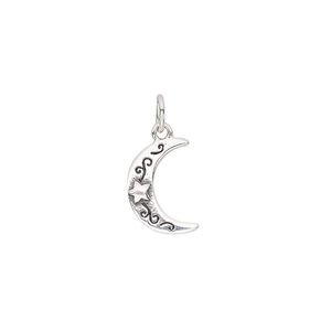 Charm, antiqued sterling silver, 13x9mm single-sided moon with star design. Sold individually.