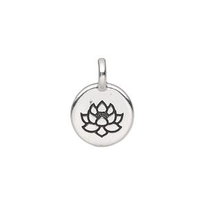 Drop, TierraCast&reg;, antique silver-plated pewter (tin-based alloy), 11.5mm single-sided round with lotus design. Sold per pkg of 20.