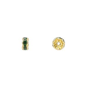 Bead 1pkg10 gold-finished, 5x2mm rondelle, brass / emerald green rhinestone
