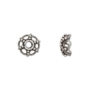 Bead cap, antiqued sterling silver, 11.5x5.5mm beaded round with rope design, fits 8-12mm bead. Sold per pkg of 4.