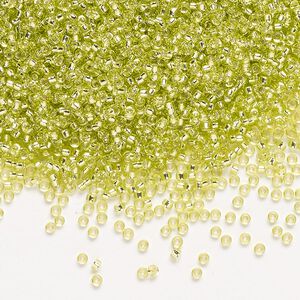 Seed bead, Miyuki, glass, pkg/250g, #15 rocaille, transparent silver-lined chartreuse (RR-14).