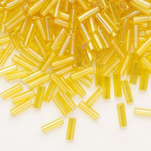 Bead, Preciosa Ornela Czech glass, bugle bead, pkg/500g, 1/4 inch, rainbow translucent yellow amber, (81010).