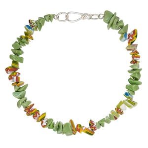 Bracelet, glass / chevron glass / steel memory wire, green and multicolored, 7.5mm wide with chip, 7-1/2 inches with hook clasp. Sold individually.
