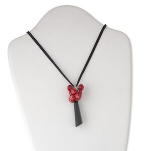 Necklace, glass / steel / faux suede, black / red / silver, 60x16mm hexagon drop and 12x9mm faceted rondelle, adjustable 32-40 inches. Sold individually.