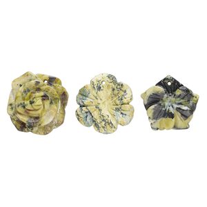 Yellow "turquoise" (serpentine with quartz) 1pkg3, carved flower drop natural mix 24x21mm-28x27mm