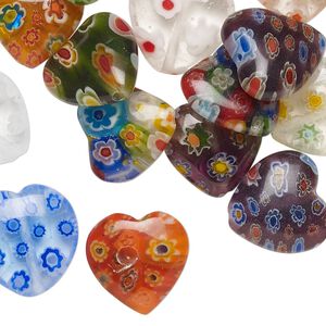 Bead mix 1pkg2oz, millefiori glass, translucent and transparent multicolored, 15-18mm puffed heart.