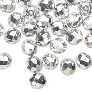 Bead 1pkg50 Czech fire-polished glass, 8mm faceted round, opaque metallic silver
