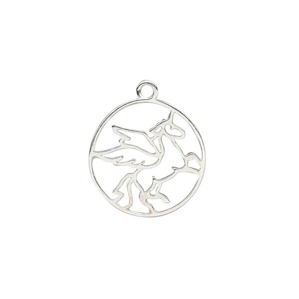 Charm Amoracast&reg; 1pkg1 sterling silver, 14.5mm 2-sided open flying unicorn round image number 0