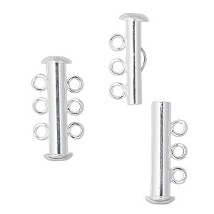 Clasp slide lock 1pkg10 silver-plated, 21x6mm tube, brass 3-strand