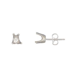 Earstud 1pkg2 Sure-Set&trade; sterling silver, 6mm heart pre-notched 4-prong setting / earnuts, 1 pair