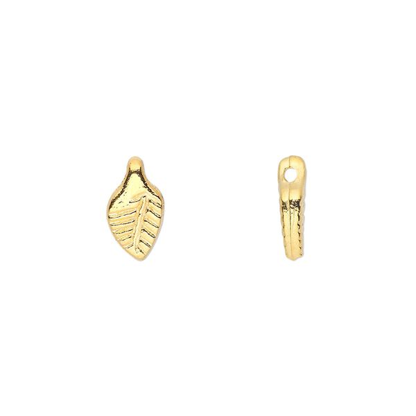 Charm, gold-finished "pewter" (zinc-based alloy), 11x6mm side-drilled double-sided leaf. Sold per pkg of 100. image number 0