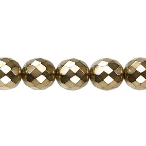 Bead, Czech fire-polished glass, opaque gold carmen, 10mm faceted round. Sold per 15-1/2" to 16" strand.
