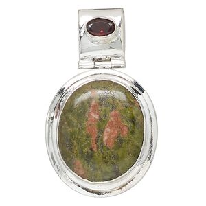 Pendant, unakite (natural) / garnet (natural) / sterling silver, 45x27mm oval. Sold individually.