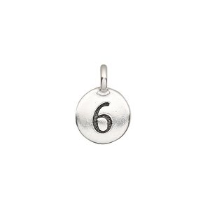 Drop, TierraCast&reg;, antique silver-plated pewter (tin-based alloy), 11.5mm single-sided round with textured number "6." Sold per pkg of 2.