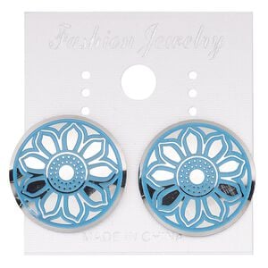 Earstud, stainless steel, blue patina, 20mm round with flower mandala design. Sold per pair.