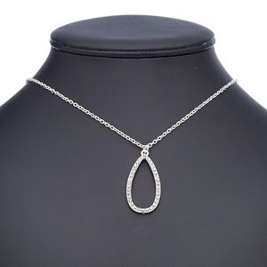 Necklace, glass rhinestone with imitation rhodium-finished steel and "pewter" (zinc-based alloy), clear, 40x20mm open teardrop, 18 inches with 2-inch extender chain and lobster claw clasp. Sold individually.