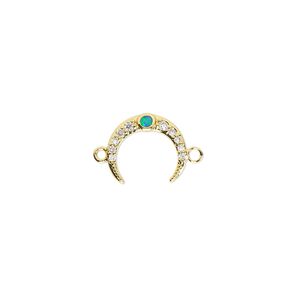 Link, cubic zirconia / glass rhinestone / gold-finished brass, clear and green, 12x10mm single-sided naja. Sold individually.
