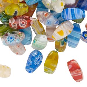 Bead mix, millefiori glass, translucent and transparent multicolored, 11x5mm-12x6mm 4-sided twisted oval. Sold per 2-ounce pkg, approximately 80 beads.