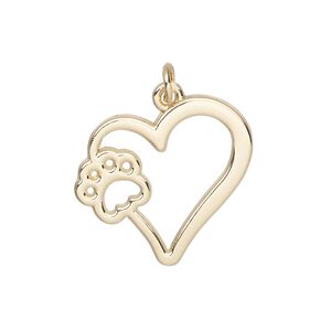 Charm, gold-finished "pewter" (zinc-based alloy) and steel, 24x22mm single-sided heart with paw cutout design. Sold per pkg of 4.