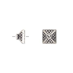 Bead cap, antiqued sterling silver, 9x5mm beaded square, fits 7-8mm bead. Sold per pkg of 2.
