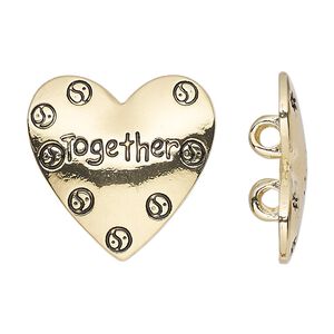 Spacer, gold-finished "pewter" (zinc-based alloy), 25x24mm 2-strand heart with yin-yang design and "Together" with hidden loops, fits up to 6mm bead. Sold individually.