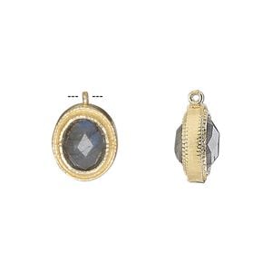 Drop, labradorite (natural) and gold-finished sterling silver, 13x11mm double-sided faceted oval. Sold individually.
