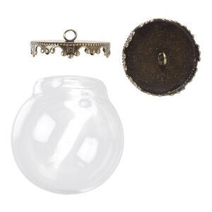 Focal, Keepsafe Keeper&trade;, glass and antique brass-plated "pewter" (zinc-based alloy), clear, 31x30mm with 30x30mm dome and 21x4mm cap with fancy edge and closed loop. Sold per 2-piece set.