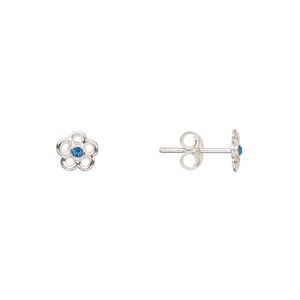 Earstud, Create Compliments&reg;, sterling silver and crystal, Capri blue, 6mm flower. Sold per pair.