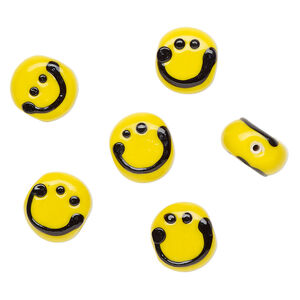 Bead, lampworked glass 1pkg6, opaque yellow / black, 16mm flat round with smiley face.