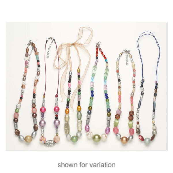 Necklace mix, acrylic / glass / steel / ribbon / waxed cotton cord, multicolored, 6x5mm-28x27mm multi-shape, 18-22 inches. Sold per pkg of 6. image number 1
