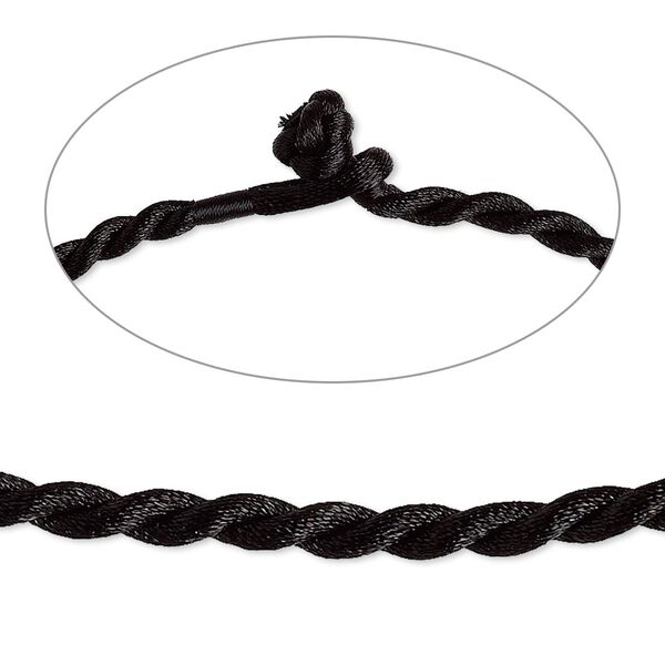 Necklace cord, satin-finished nylon, black, 5mm twisted round, 16 inches with knot closure. Sold per pkg of 2. image number 0