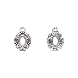 Drop, antiqued sterling silver, 11.5x9.5mm overall with 6x4mm oval setting and open back. Sold individually.