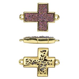 Link, Druzylite&trade;, "druzy" (resin) and gold-finished brass, metallic purple, 18x16mm two-sided cross with open filigree back. Sold per pkg of 4.
