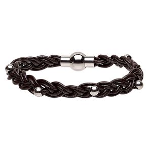 Bracelet, leather (dyed) and stainless steel, dark brown, 11mm wide with 5mm round and woven design, 7 inches with magnetic clasp. Sold individually.