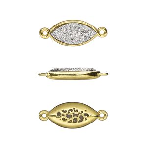 Link, Druzylite&trade;, "druzy" (resin) and gold-finished brass, silver, 16x8mm two-sided marquise with open filigree back. Sold per pkg of 4.