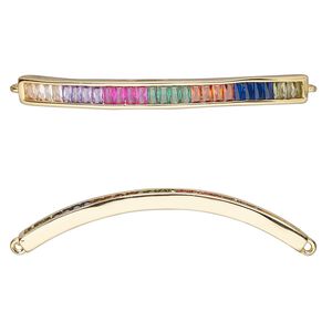 Link, cubic zirconia and gold-finished brass, multicolored, 42.5x4mm single-sided curved bar. Sold individually.
