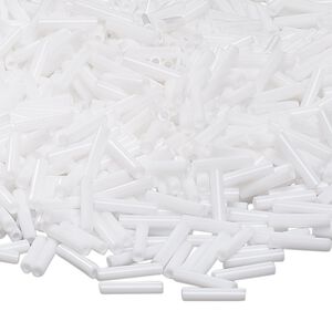 Bead, Miyuki, bugle bead, glass, pkg/50 g, 9x1.9mm center-drilled, opaque white, (RBU-402).