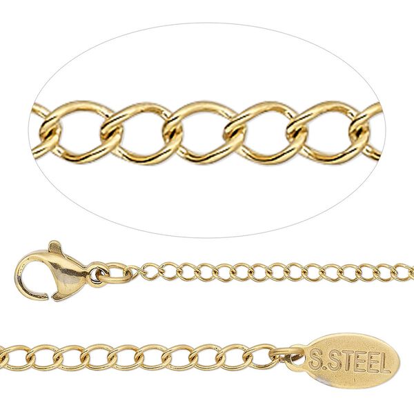Chain 1pkg1 curb, 1.9mm / lobster claw clasp, gold-finished stainless steel 24 inch image number 0