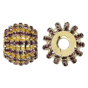 Bead 1pkg1 gold-finished, 25x20mm barrel / 3mm chatons, brass / purple rhinestone