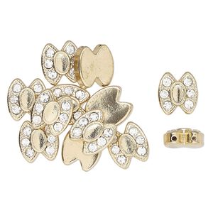 Bead spacer 1pkg12 gold-finished "pewter", 12.5x11.5mm fancy oval / fits up to 6.5mm round, glass clear 2-strand