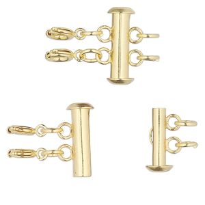 Clasp slide lock 1pkg10, 17x6mm round tube / 5mm jumpring / springring, gold-finished brass 2-strand